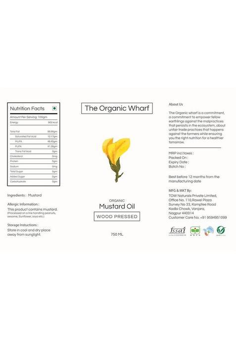 The Organic Wharf Natural Unrefined, And Pure | Truly Culinary Oil, Chemical-Free Mustard Oil Glass Bottle (2 X 375 Ml)