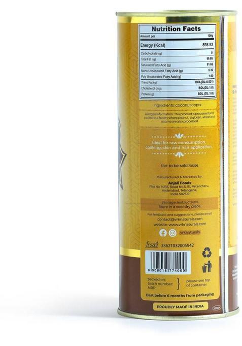 Vrk Naturals Consciously Pure Diet 1L Coconut Oil Tin (1000 Ml)