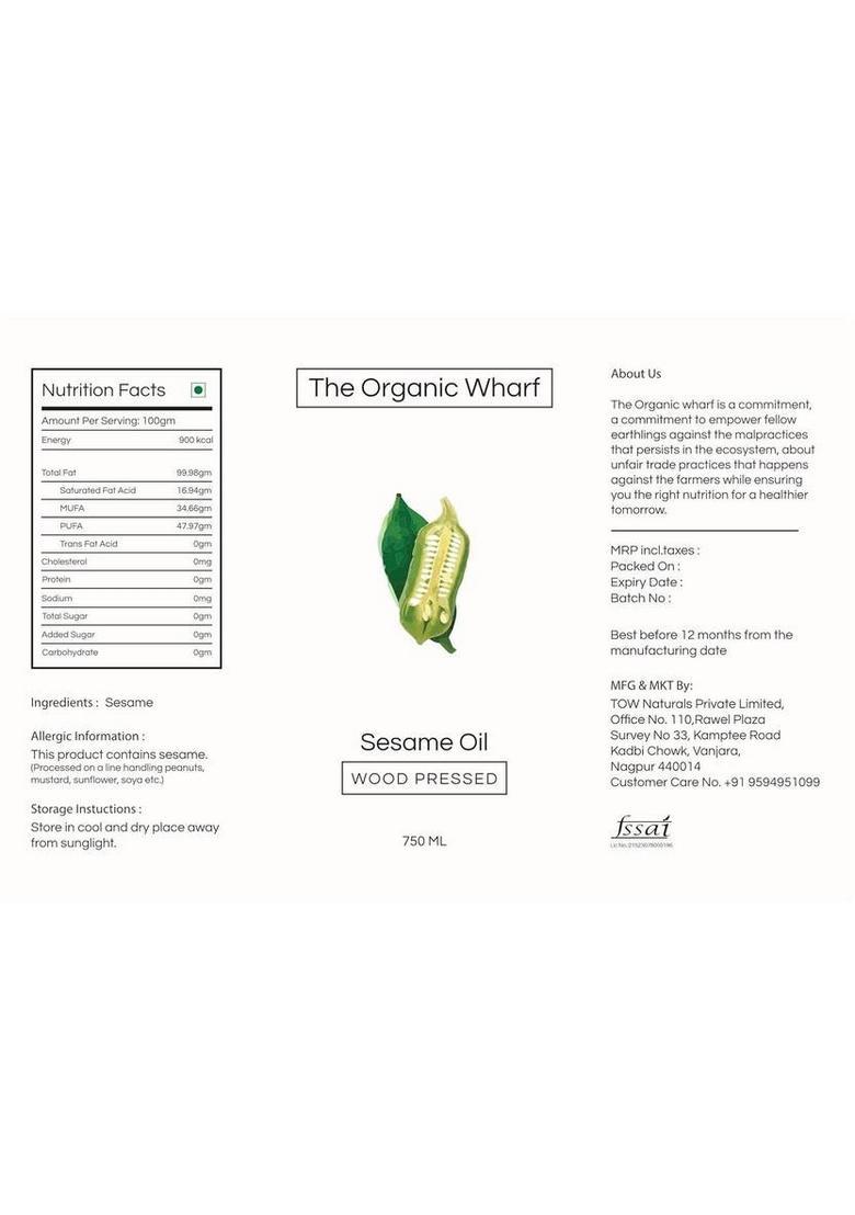 The Organic Wharf Wood Pressed Unrefined Truly Healthy, Gingelly Natural Food Oil, Chemical Free Sesame Oil Glass Bottle (750 Ml)