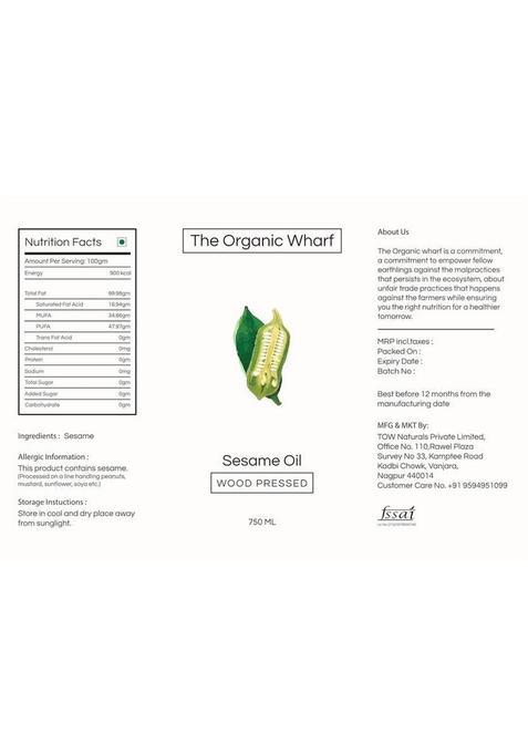 The Organic Wharf Wood Pressed Unrefined Truly Healthy, Gingelly Natural Food Oil, Chemical Free Sesame Oil Glass Bottle (750 Ml)