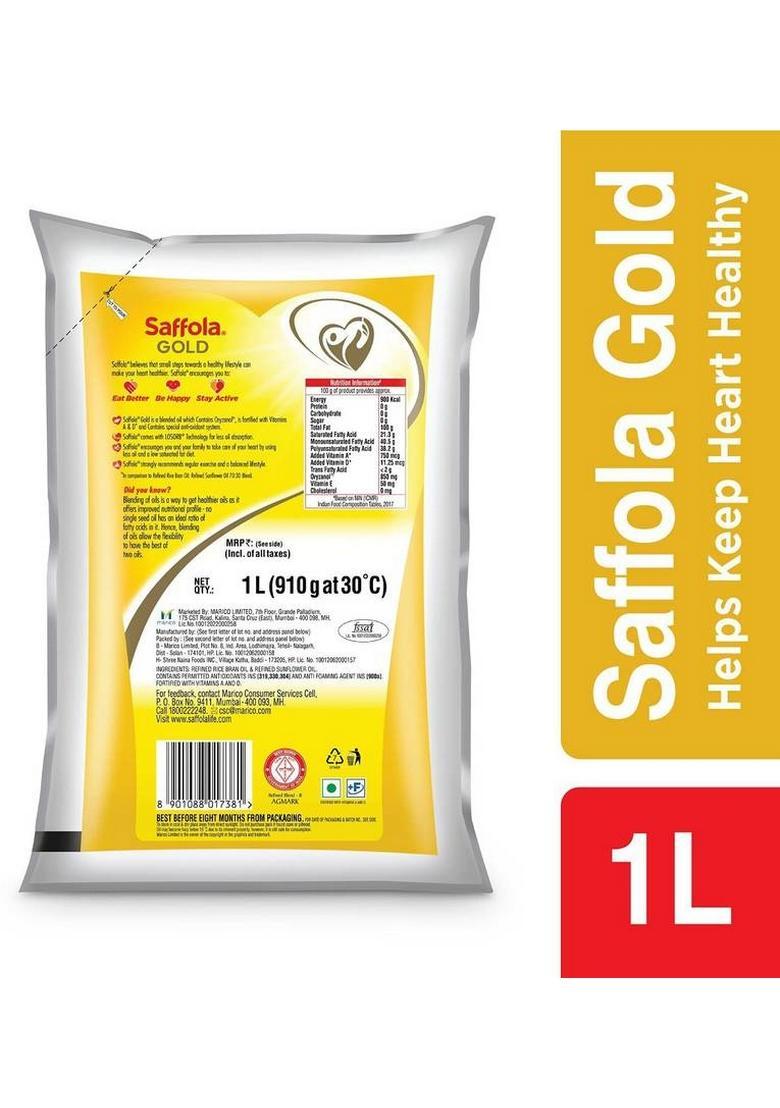 Saffola Gold Refined Oil 1000Ml Pack Of 1 Rice Bran Pouch (1000 Ml)