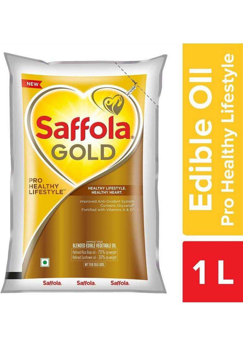 Saffola Gold Pro Healthy Life Style Cokking Oil 1Ltr Pouch Rice Bran Refill (1000 Ml) - Indya