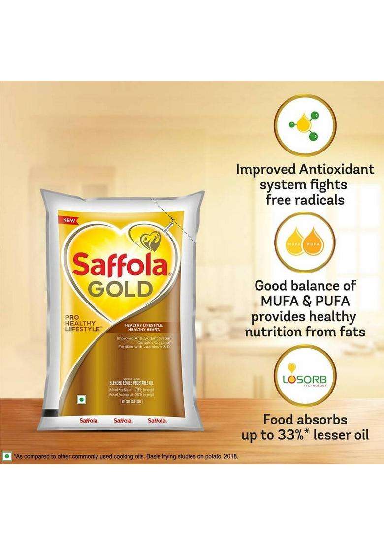 Saffola Gold Pro Healthy Life Style Cokking Oil 1Ltr Pouch Rice Bran Refill (1000 Ml) - Indya