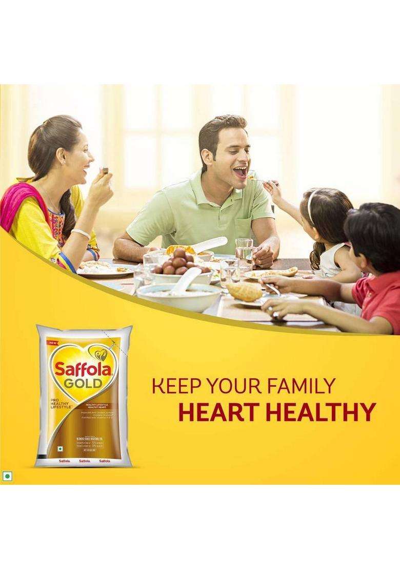 Saffola Gold Pro Healthy Life Style Cokking Oil 1Ltr Pouch Rice Bran Refill (1000 Ml) - Indya
