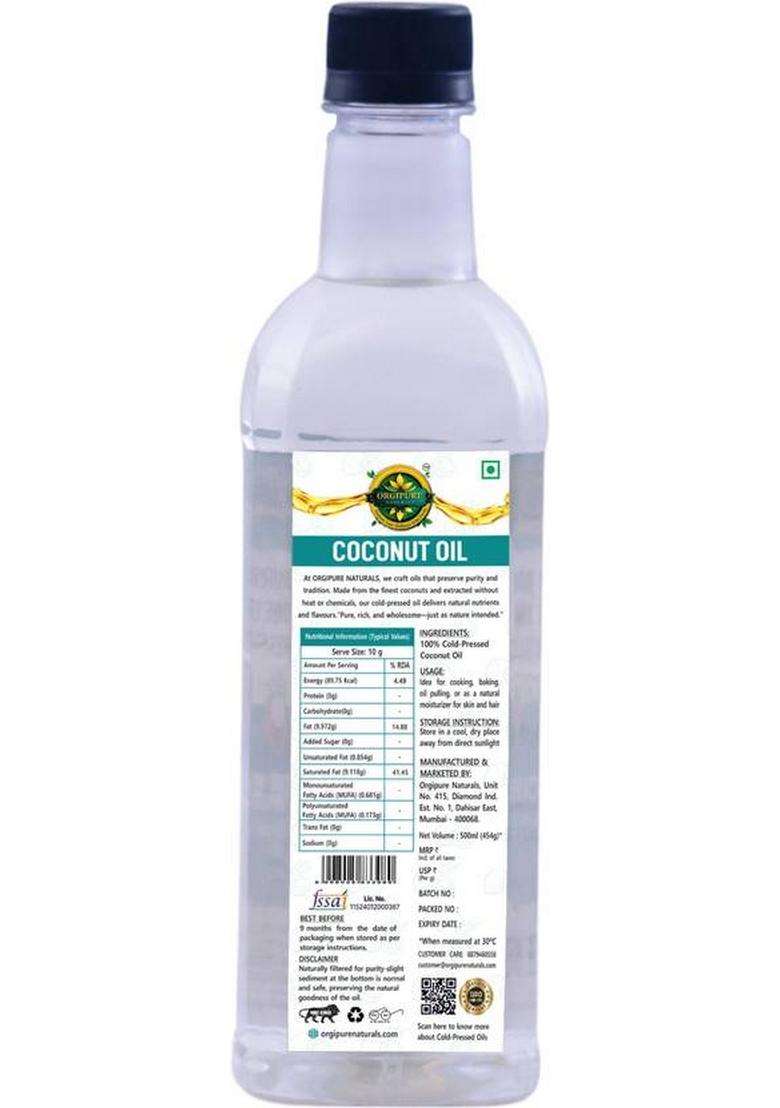 Orgipure Naturals 500Ml Unrefined Pure And Natural Cold-Pressed Coconut Oil Pet Bottle (500 Ml) Pack of 1 - Indya