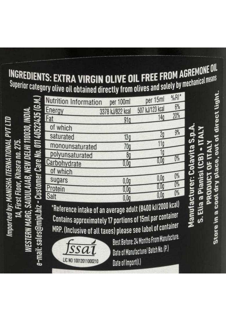 Colavita Premium Selection Cold Production Italian Extra Virgin Olive Oil Glass Bottle (250 Ml)