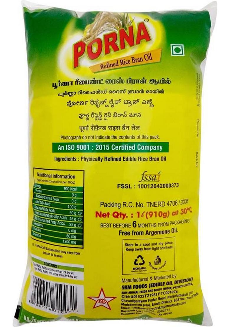 Porna Rice Bran Oil Pouch (1 L)