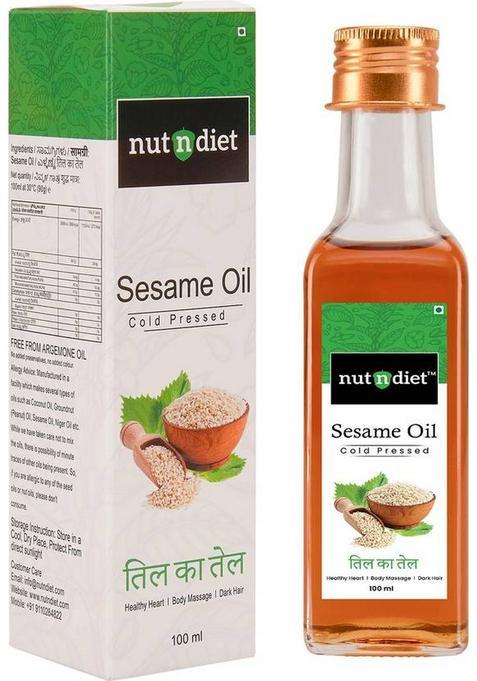 Nutndiet Cold Pressed Sesame Oil, Heart Healthy Edible Til Ka Tel For Cooking And Massage Oil Glass Bottle (100 Ml)