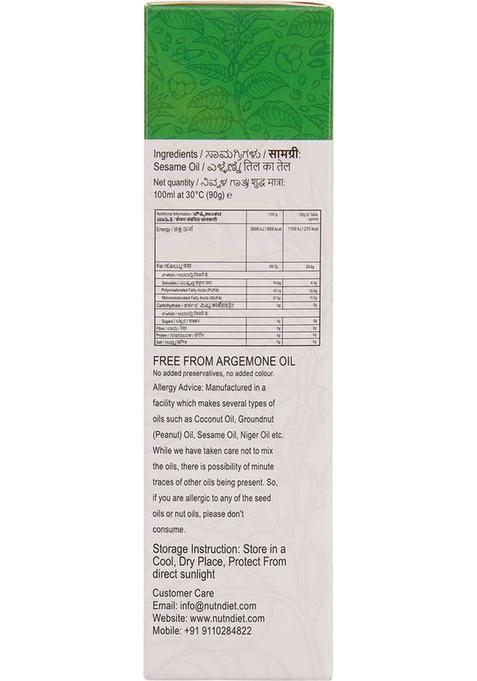 Nutndiet Cold Pressed Sesame Oil, Heart Healthy Edible Til Ka Tel For Cooking And Massage Oil Glass Bottle (100 Ml)