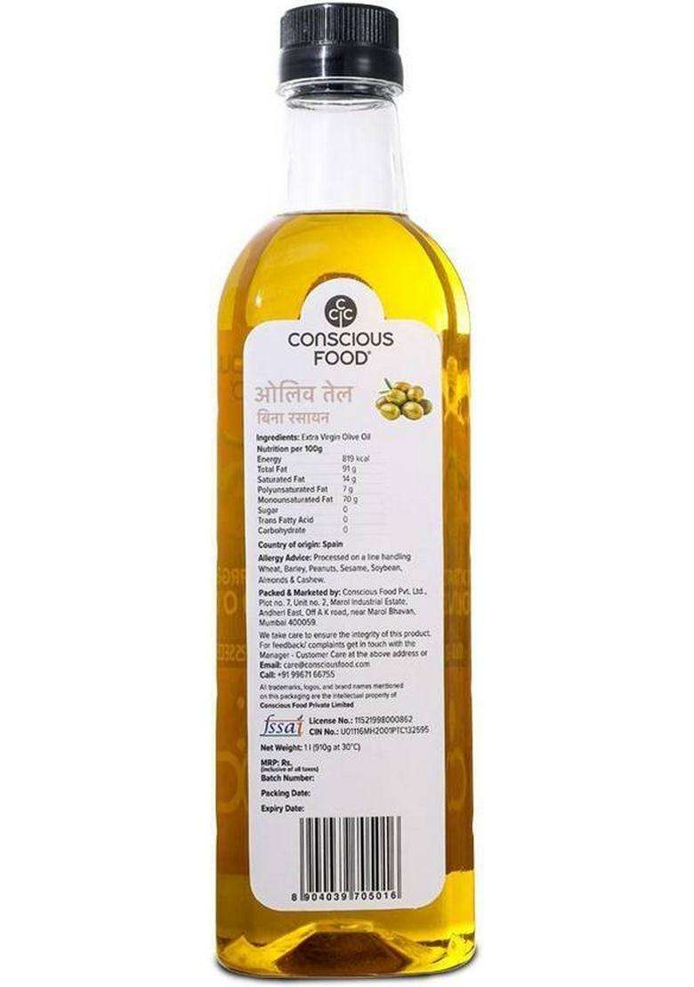 Conscious Food Extra Virgin Olive Oil | 1 Liter Cold-Pressed 100% Natural Pet Bottle (1 L) - Indya