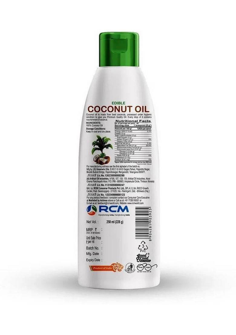 Rcm Edible Coconut Oil 100% Pure Plastic Bottle (250 Ml)