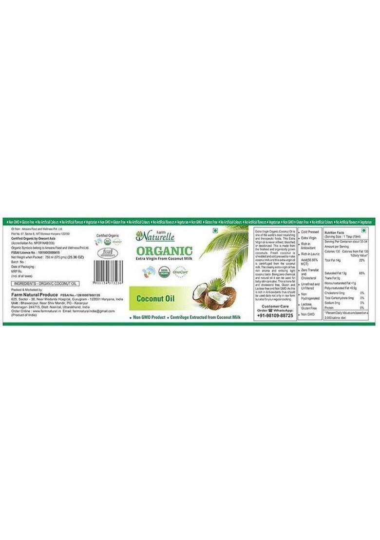 Farm Naturelle 100 % Pure Organic Extra-Virgin Cold Pressed Coconut Oil (Glass Bottle - 1000 Ml) Plastic (1000 - Indya