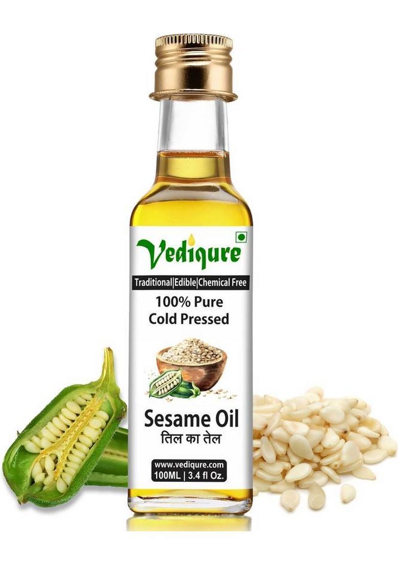 Vediqure Sesame Oil | 100% Pure Natural Cold Pressed Edible Til Ka Tel 100Ml Glass Bottle (100 Ml)
