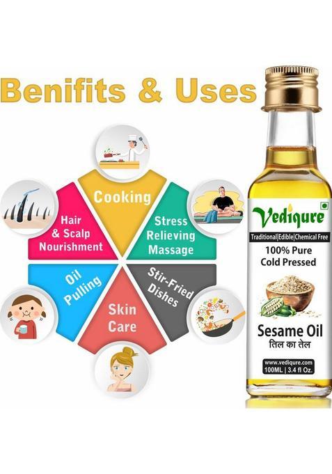 Vediqure Sesame Oil | 100% Pure Natural Cold Pressed Edible Til Ka Tel 100Ml Glass Bottle (100 Ml)