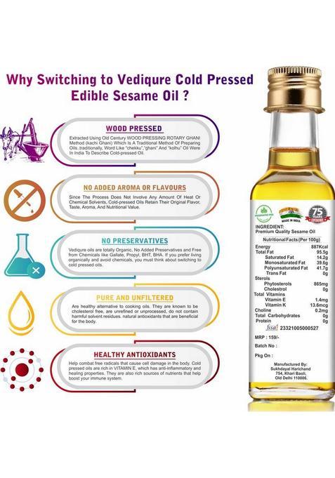 Vediqure Sesame Oil | 100% Pure Natural Cold Pressed Edible Til Ka Tel 100Ml Glass Bottle (100 Ml)