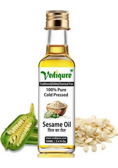 Vediqure Sesame Oil | 100% Pure Natural Cold Pressed Edible Til Ka Tel 100Ml Glass Bottle (100 Ml)