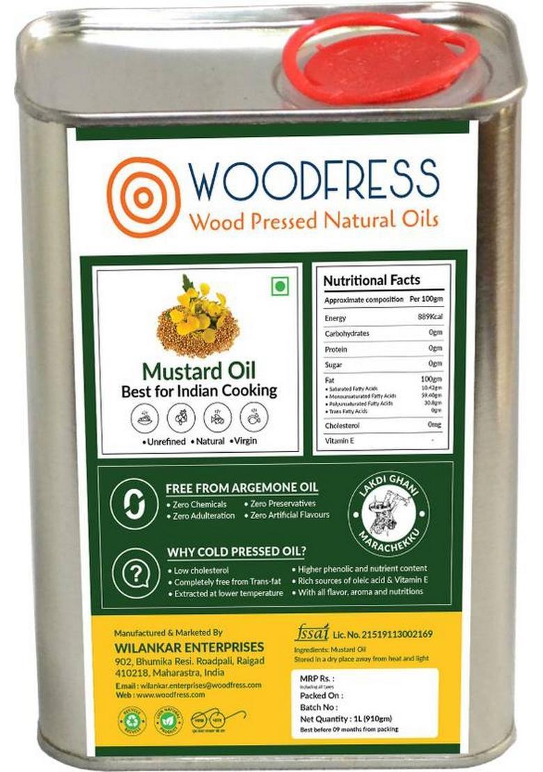 Woodfress Wooden Cold Pressed Mustard Oil 1L (Sarson Ka Tel / Wood Lakdi Ghani) Tin (1 L)