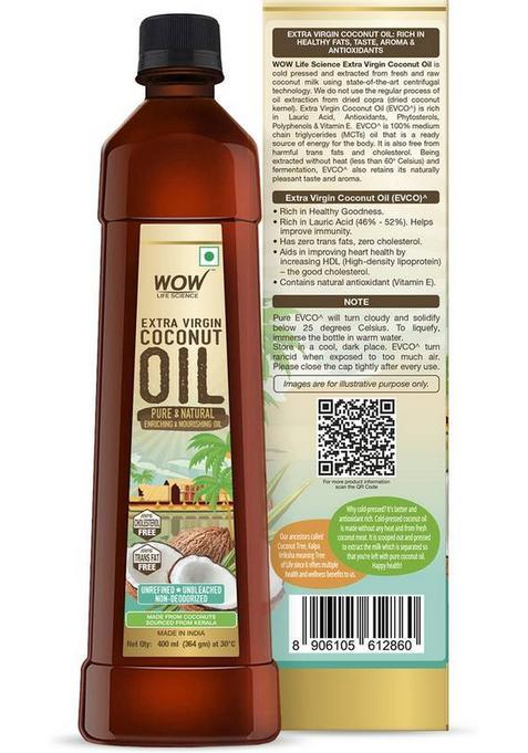 Wow Life Science Extra Virgin For Skin, Hair And Cooking Coconut Oil Plastic Bottle (400 Ml)