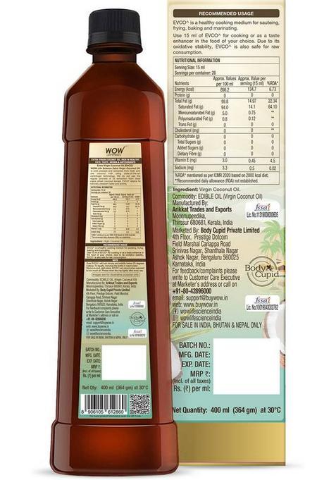 Wow Life Science Extra Virgin For Skin, Hair And Cooking Coconut Oil Plastic Bottle (400 Ml)