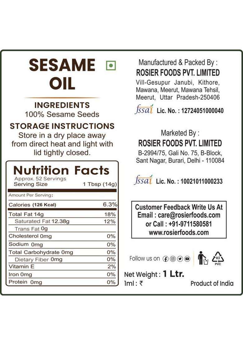 Rosier Wood Pressed Organic Sesame Oil 1Ltr Pure, Natural & Healthy Pet Bottle (1 L) - Indya