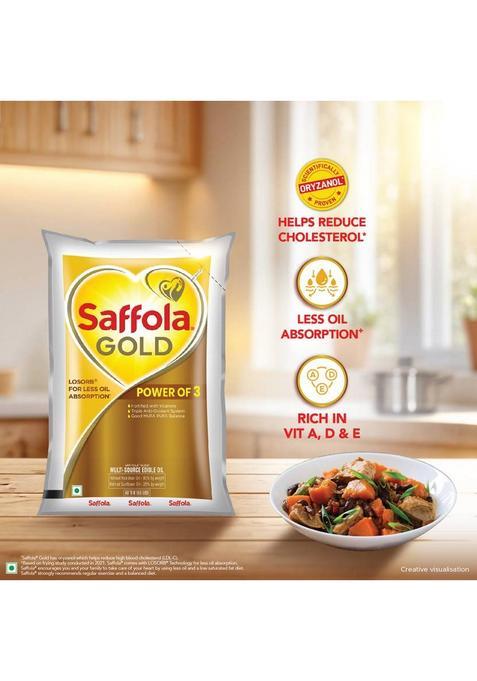 Saffola Gold Sunflower & Rice Bran Refined Oil | For Heart Healthy And Delicious Cooking Blended Pouch (910 G)