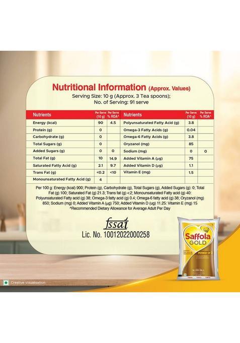 Saffola Gold Sunflower & Rice Bran Refined Oil | For Heart Healthy And Delicious Cooking Blended Pouch (910 G)