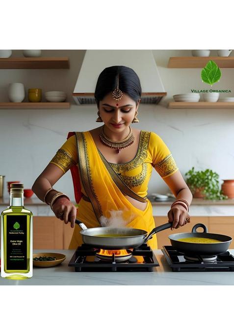 Village Organica Extra Virgin Olive Oil | Cold Pressed Glass Bottle (500 Ml)