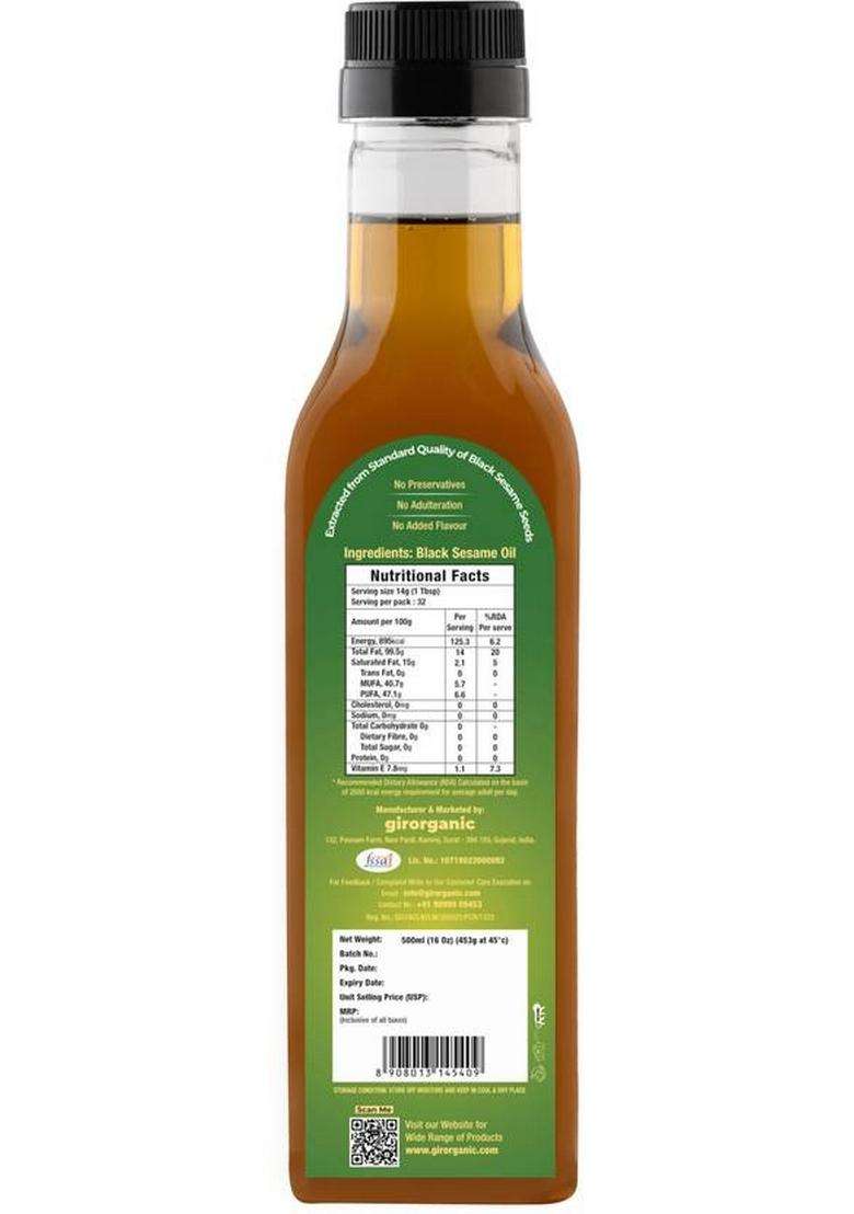Girorganic Wood Pressed | Unrefined Cold Virgin Natural Black Sesame Oil Pet Bottle (500 Ml) - Indya