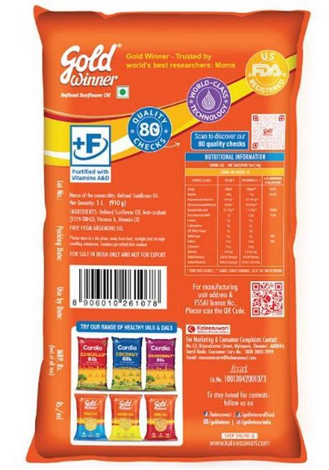 Gold Winner Refined Sunflower Oil Pouch (1 L)