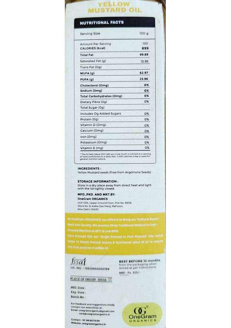 Onegram Organics Organic Cold Pressed Yellow Mustard Oil Glass Bottle Plastic (500 Ml) - Indya