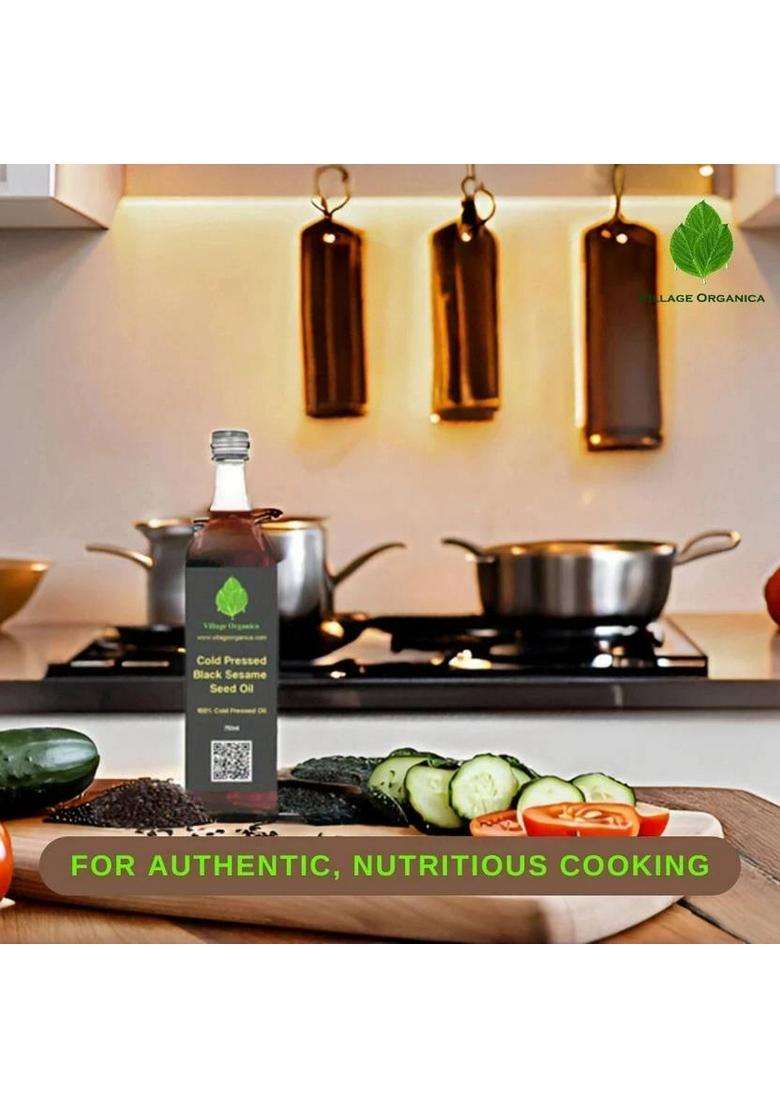 Village Organica Cold Pressed Black Sesame Seed Oil | Gingelly For Body Hair Cooking Glass Bottle (750 Ml) - Indya