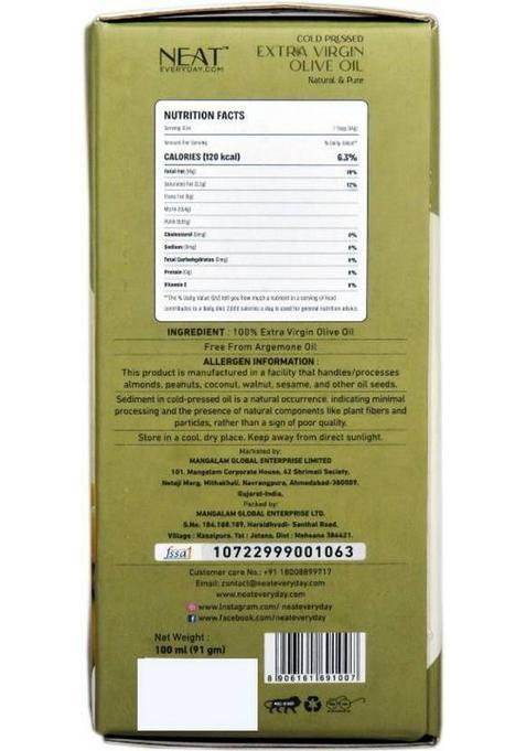 Neat Everyday Extra Virgin Olive Oil- 60Ml 100% Pure, Unrefined & Edible Oil Glass Bottle (60 Ml)