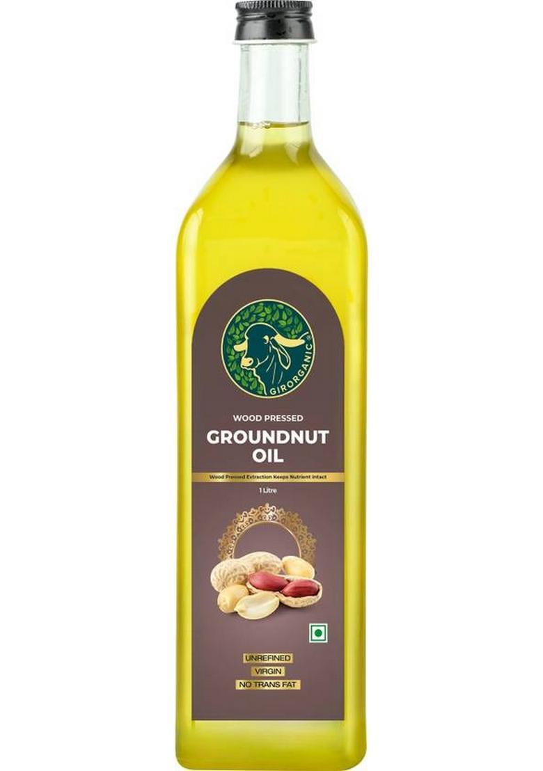 Girorganic Wood Pressed | Unrefined Cold Virgin Natural Groundnut Oil Glass Bottle (1 L)