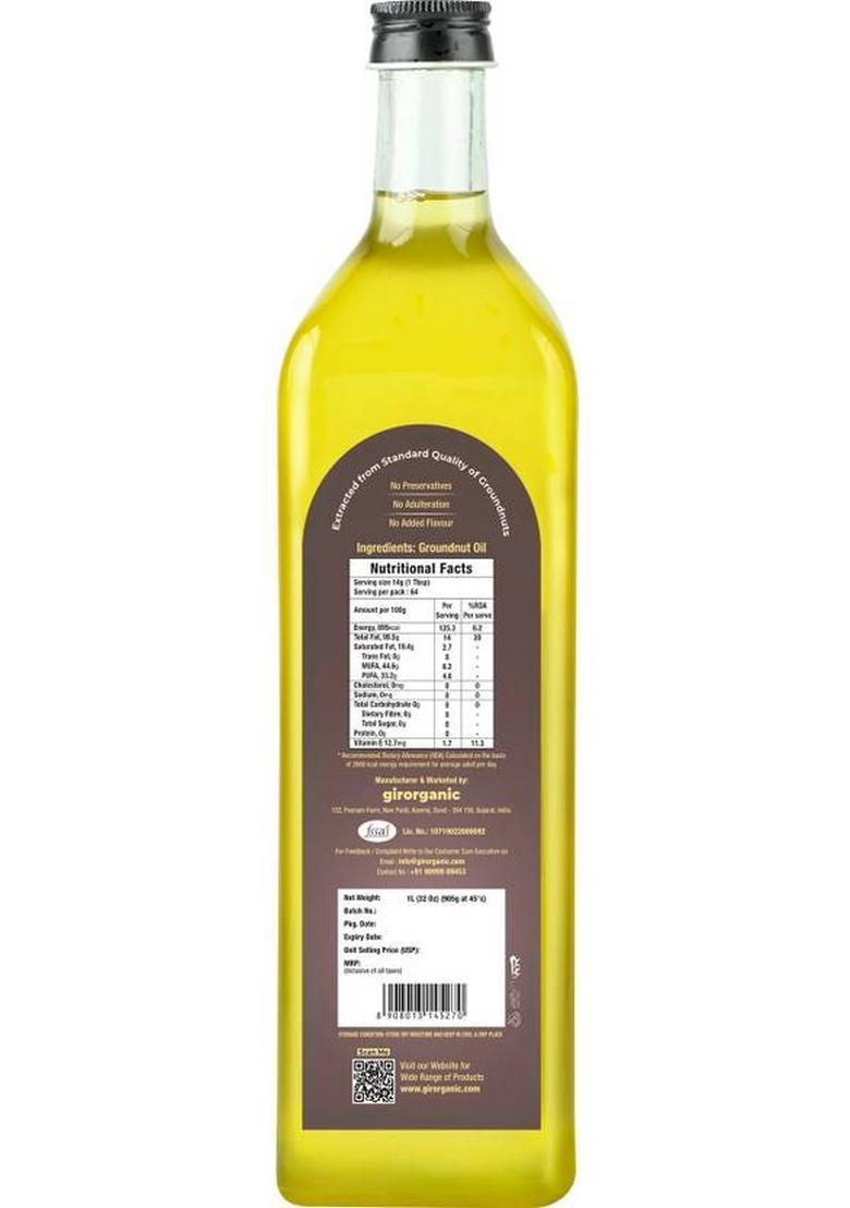Girorganic Wood Pressed | Unrefined Cold Virgin Natural Groundnut Oil Glass Bottle (1 L)
