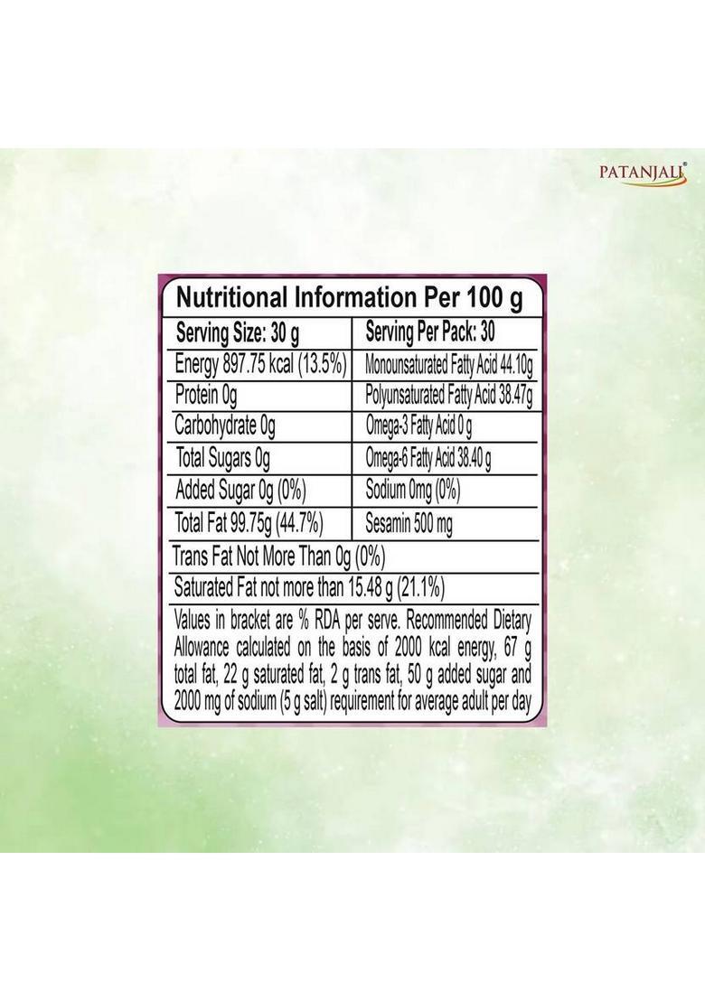 Patanjali Sesame Oil (Gingelly / Til) Pure & Natural, Edible For Cooking, Frying Plastic Bottle (1000 Ml)