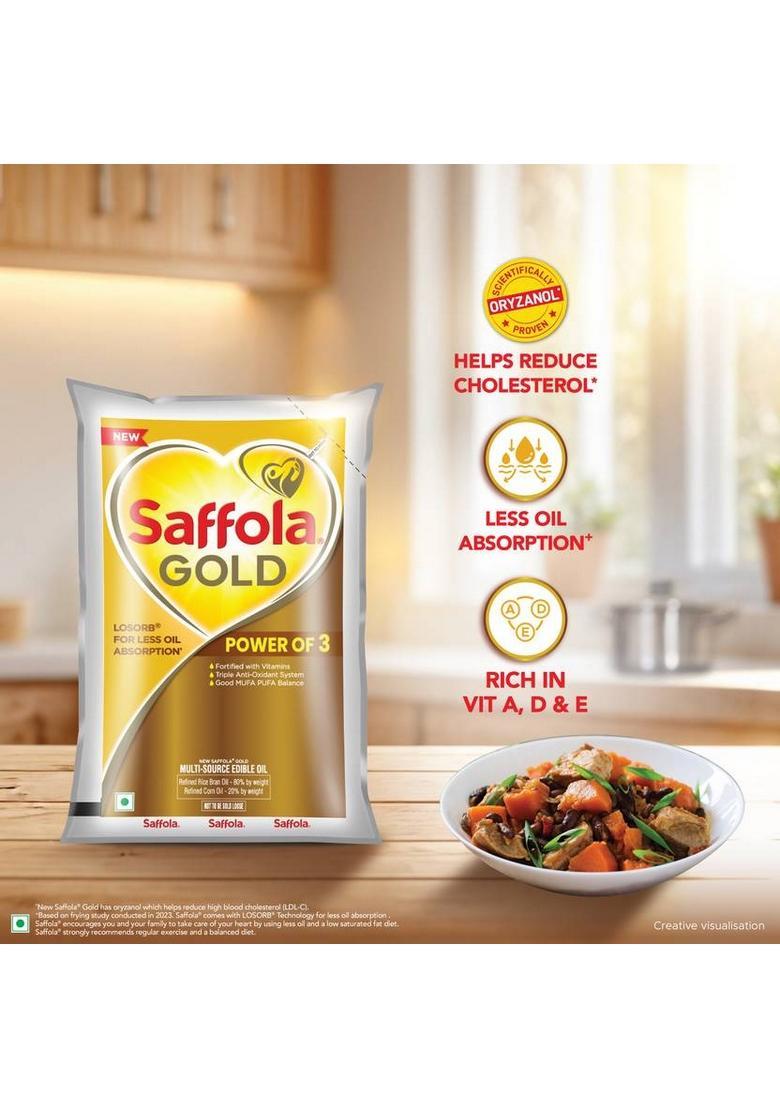 Saffola Gold Corn & Rice Bran Refined Oil | For Heart Healthy And Delicious Cooking Blended Pouch (910 G)