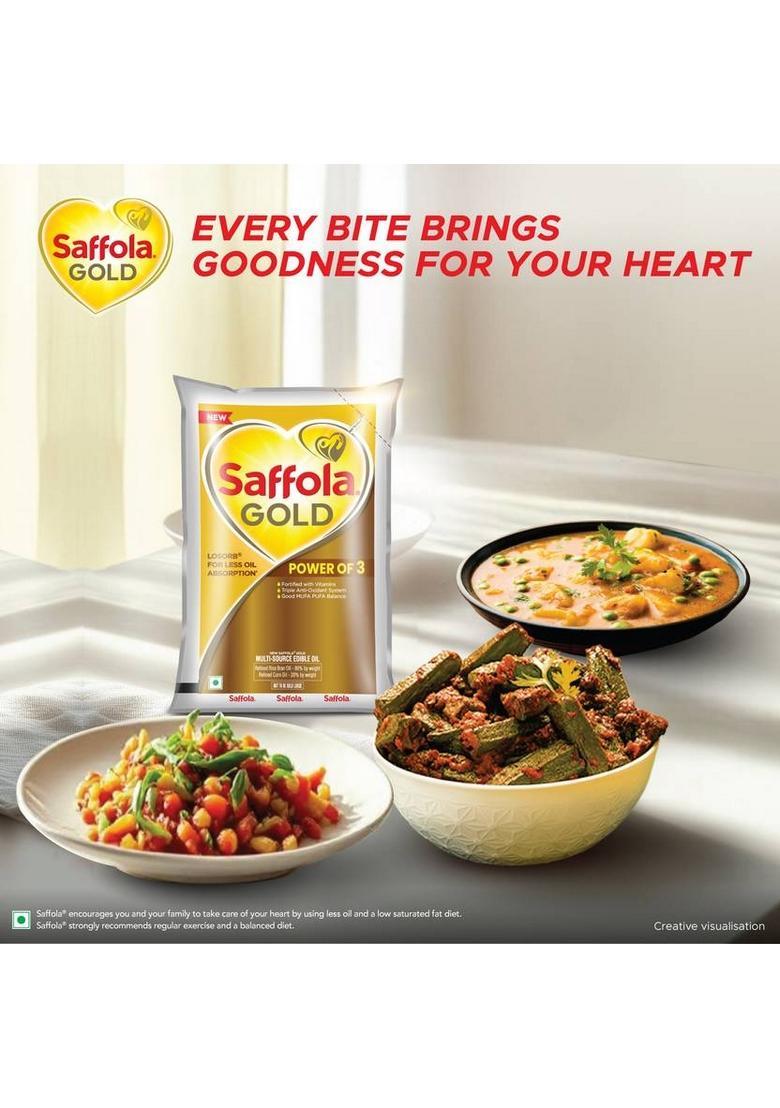 Saffola Gold Corn & Rice Bran Refined Oil | For Heart Healthy And Delicious Cooking Blended Pouch (910 G)