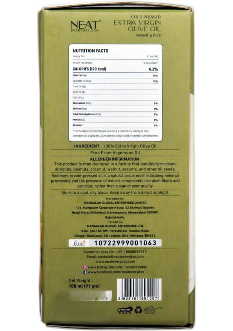 Neat Everyday Extra Virgin Olive Oil- 100Ml 100% Pure, Unrefined & Edible Oil Glass Bottle (100 Ml)