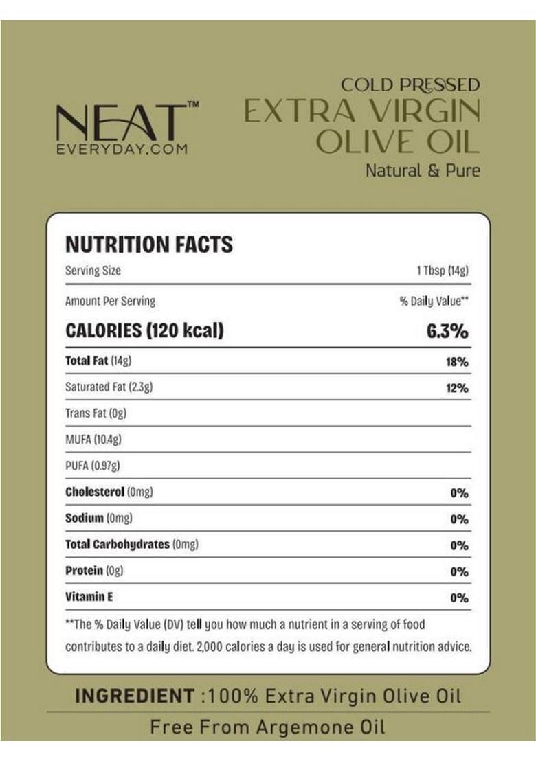 Neat Everyday Extra Virgin Olive Oil- 100Ml 100% Pure, Unrefined & Edible Oil Glass Bottle (100 Ml)