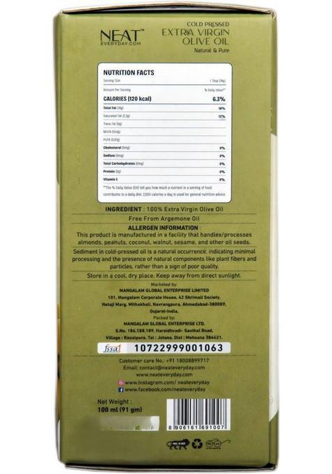 Neat Everyday Extra Virgin Olive Oil- 100Ml 100% Pure, Unrefined & Edible Oil Glass Bottle (100 Ml)