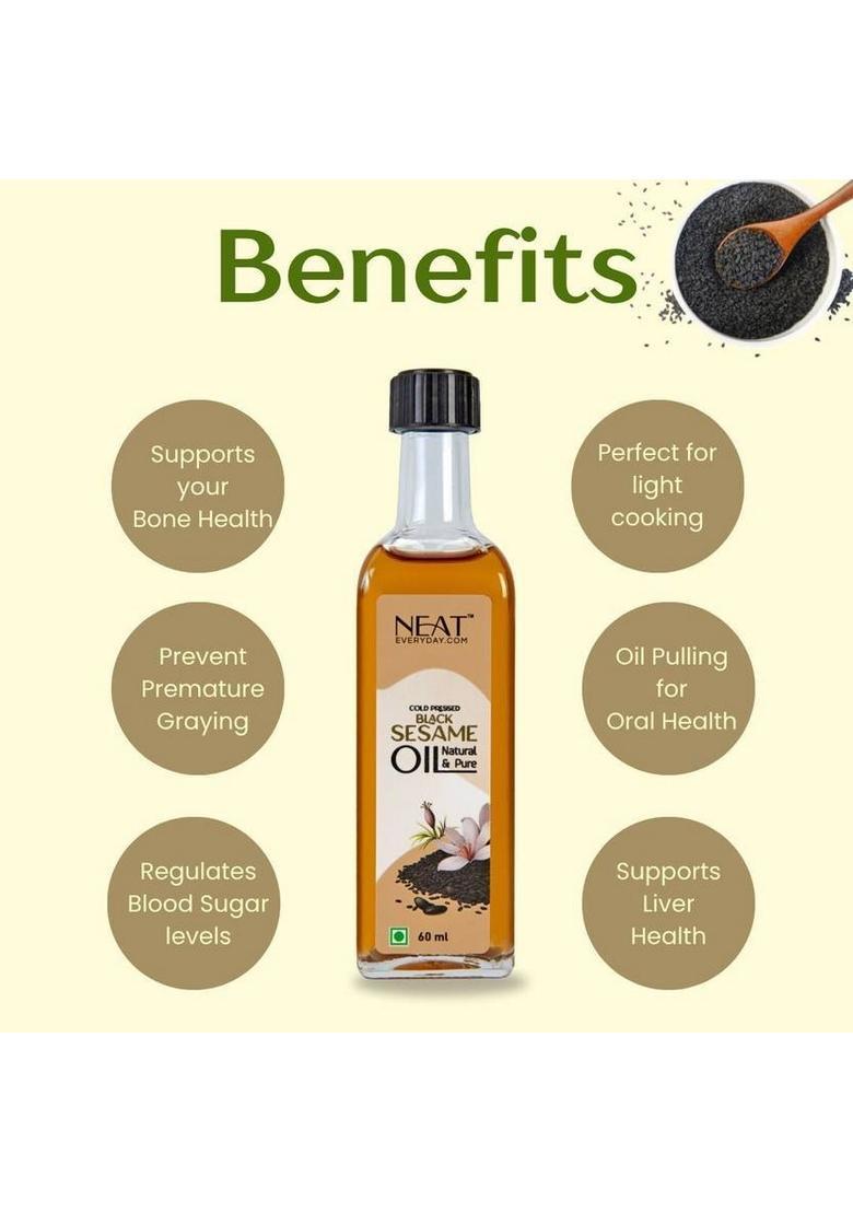 Neat Everyday Pure Cold Pressed Black Sesame Oil | For Cooking, Pulling, Hair & Skin Glass Bottle (60 Ml)