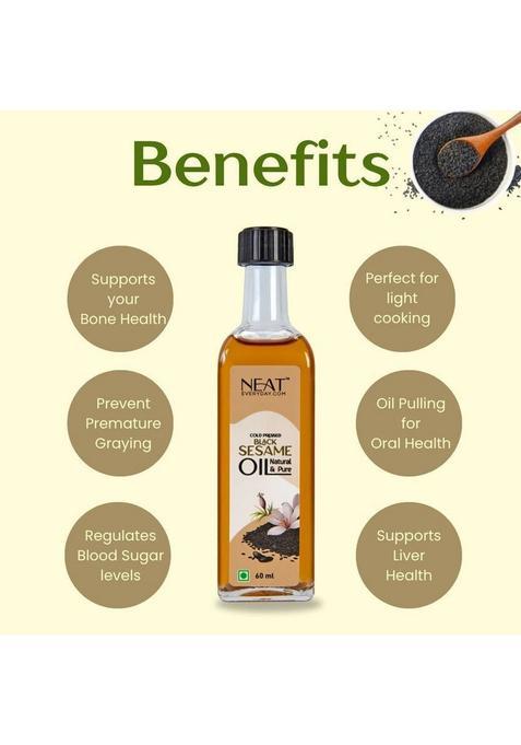 Neat Everyday Pure Cold Pressed Black Sesame Oil | For Cooking, Pulling, Hair & Skin Glass Bottle (60 Ml)