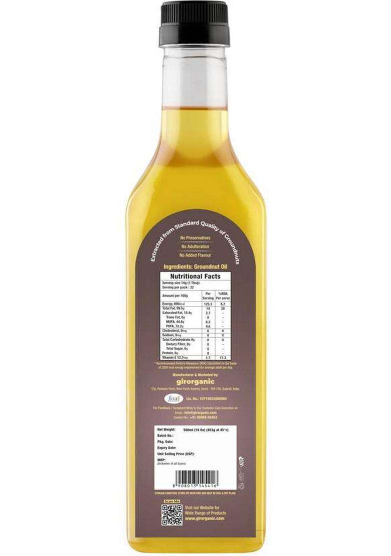 Girorganic Wood Pressed | Unrefined Cold Virgin Natural Groundnut Oil Pet Bottle (500 Ml) - Indya