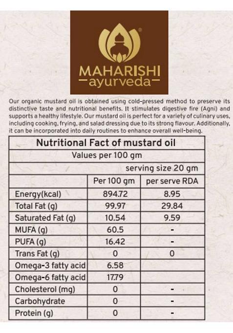 Maharishi Ayurveda Kachi Ghani Mustard Oil | 100% Pure & Cold Pressed Improve Heart Health Plastic Bottle (1 L)