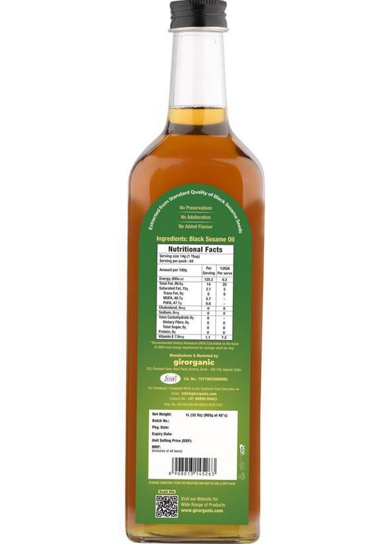 Girorganic Wood Pressed | Unrefined Cold Virgin Natural Black Sesame Oil Glass Bottle (1 L)