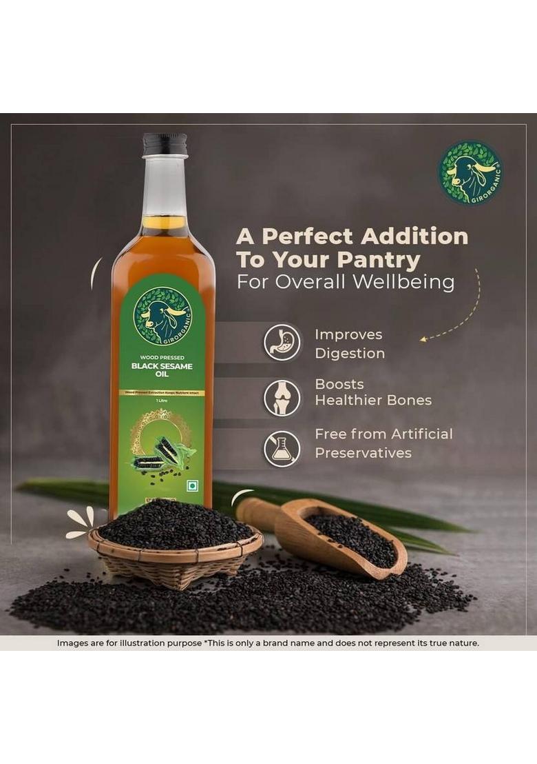 Girorganic Wood Pressed | Unrefined Cold Virgin Natural Black Sesame Oil Glass Bottle (1 L)