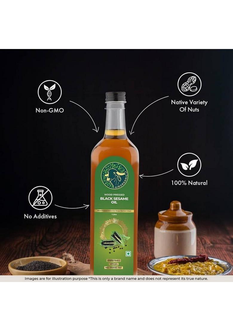 Girorganic Wood Pressed | Unrefined Cold Virgin Natural Black Sesame Oil Glass Bottle (1 L)
