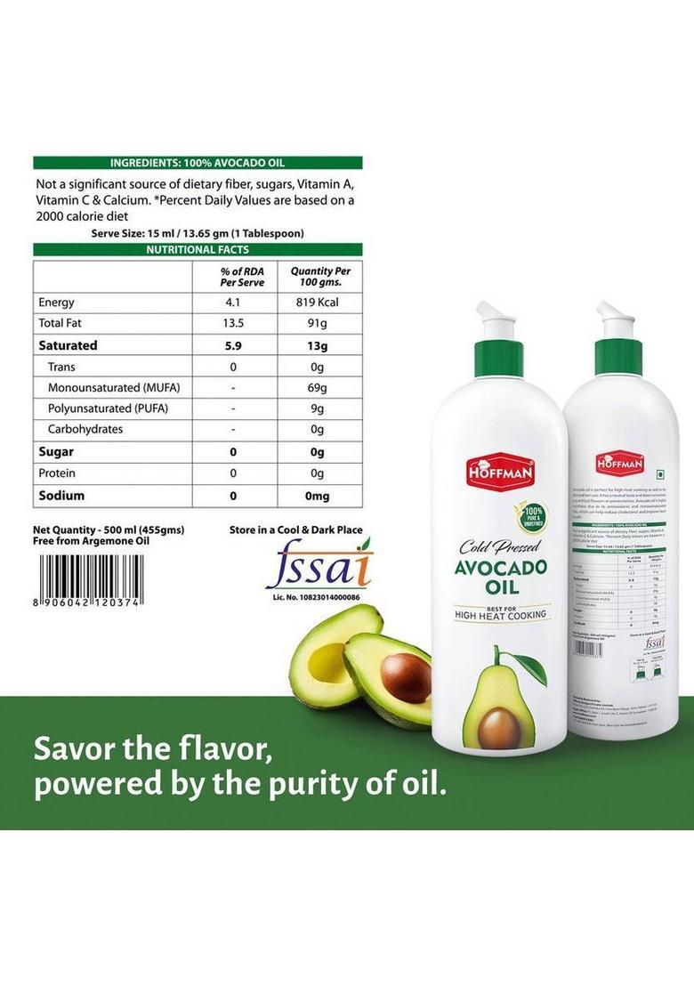 Hoffman Cold Pressed | A1 Grade Ideal For Frying, Roasting & Sauteing Avocado Oil Squeeze Bottle (500 Ml)