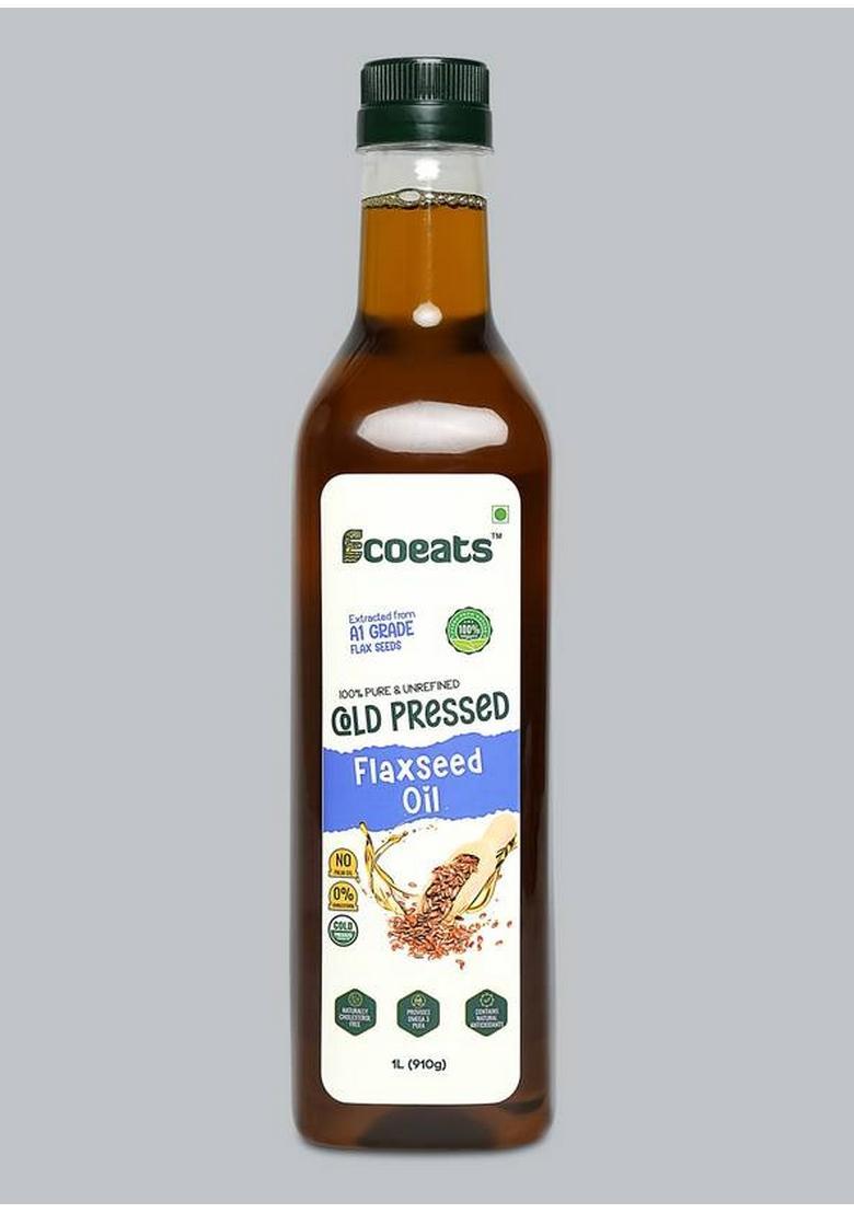 Ecoeats Pure Unrefined Cold Pressed Flaxseed Oil 1 Litres, Cholesterol Free, Rich Aroma Plastic Bottle (1 L)