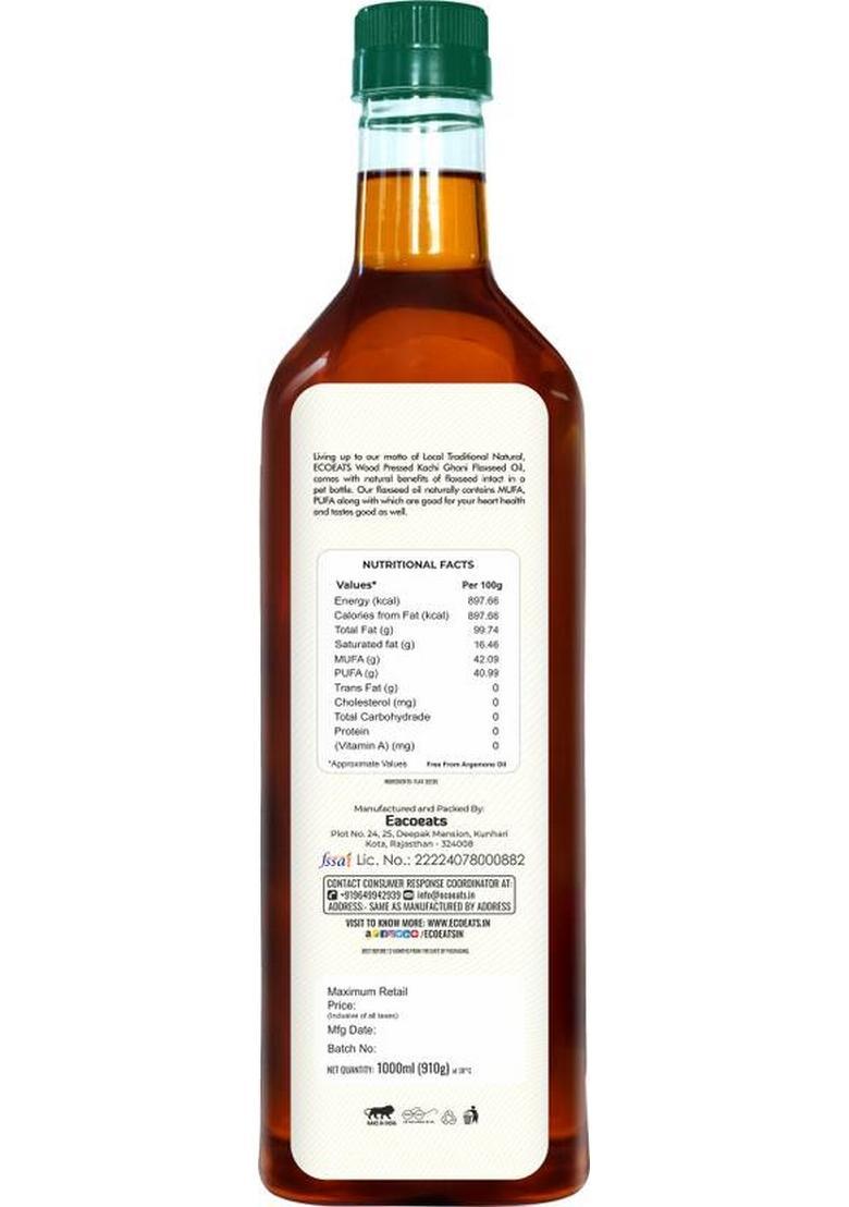 Ecoeats Pure Unrefined Cold Pressed Flaxseed Oil 1 Litres, Cholesterol Free, Rich Aroma Plastic Bottle (1 L)